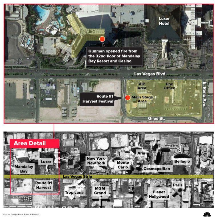 Mappa della sparatoria di Las Vegas che mostra il Mandalay Bay e l'area del concerto