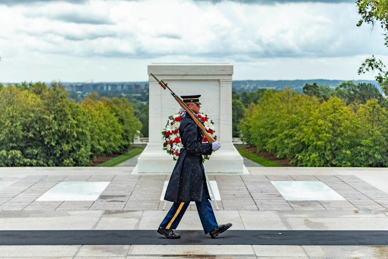 A lone soldier stands guard at the Tomb of the Unknown Soldier, a poignant symbol of the sacrifices made by unidentified service members.