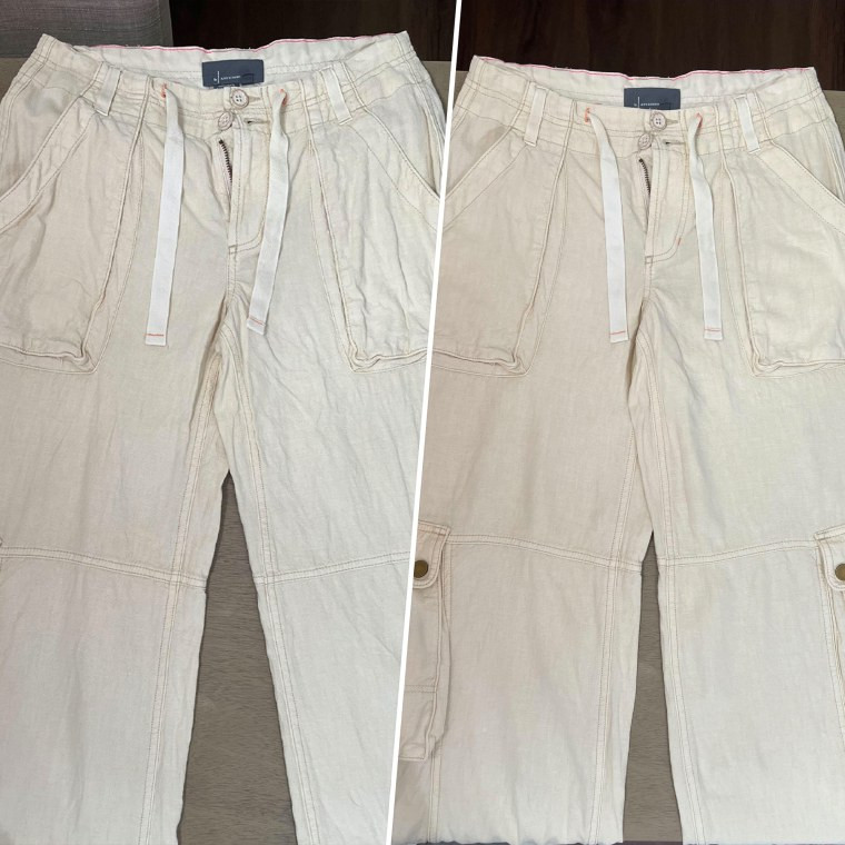 Before and after photo of wrinkled white pants ironed with the Nori Press.