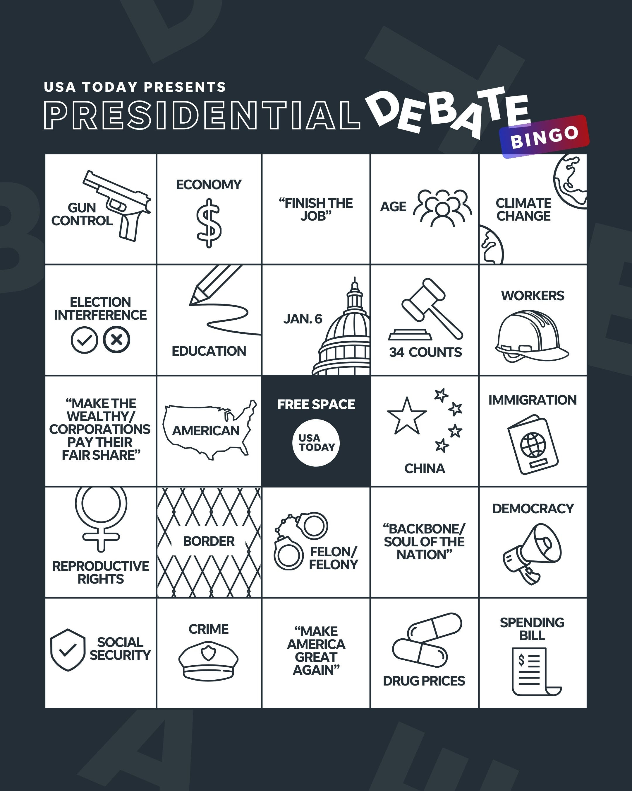 USA Today Bingo Card for Presidential Debate