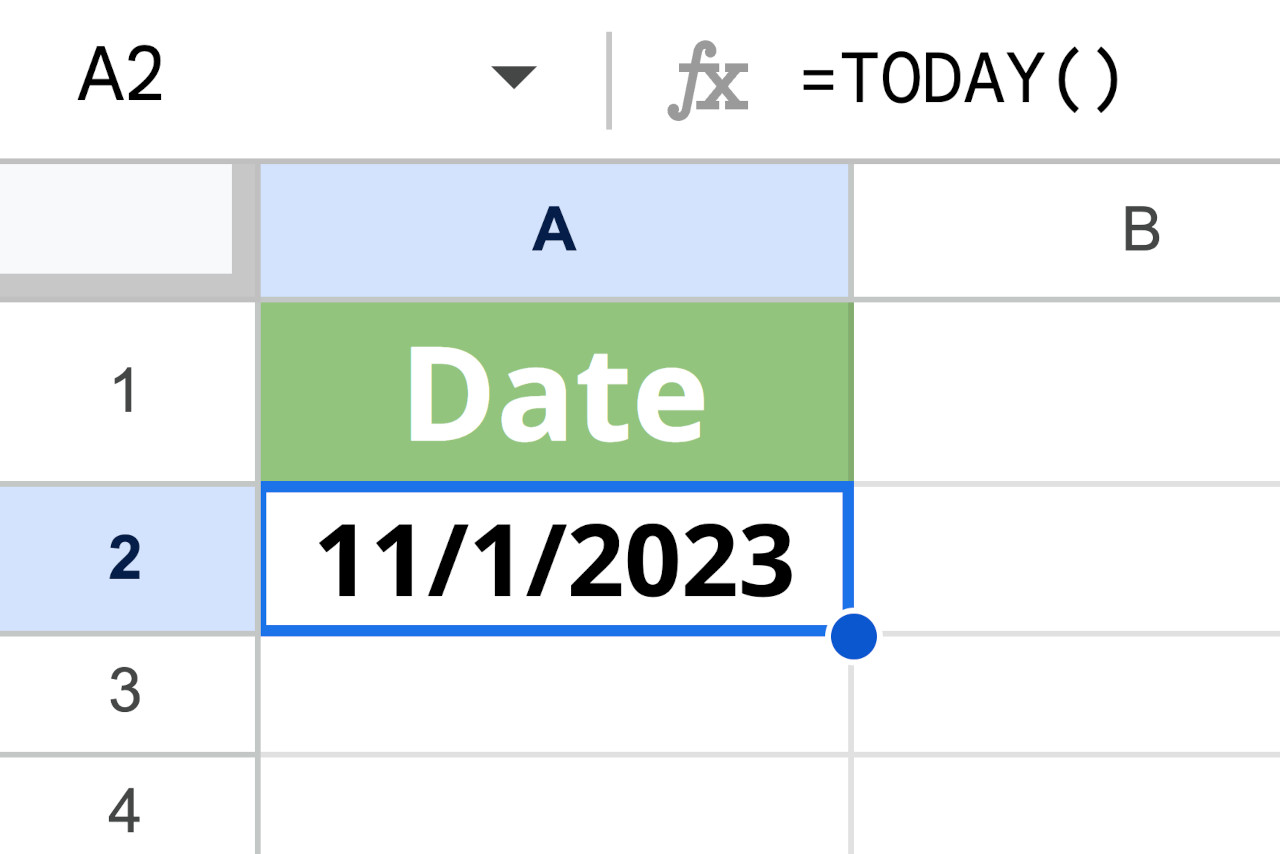 Spreadsheet formula demonstrating how to calculate the current date.