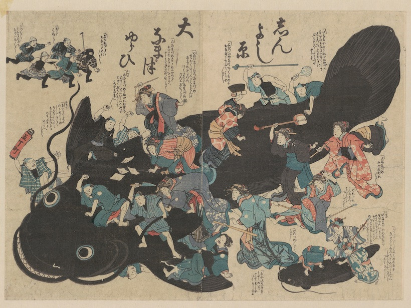 Woodblock print depicting courtesans attacking the mythical catfish Namazu, blamed for earthquakes in Japan.