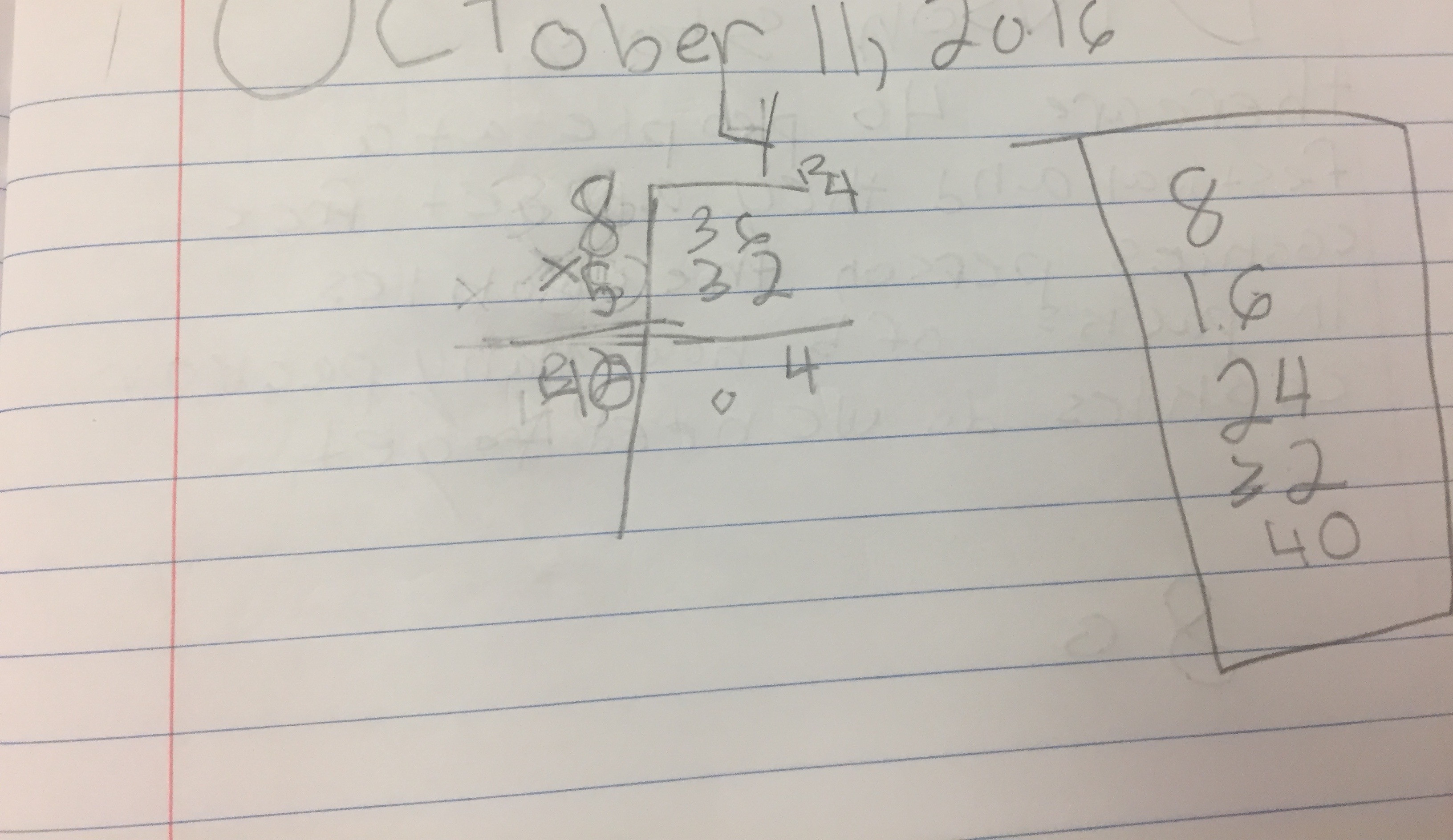 Student work showing division with a remainder to solve a word problem.