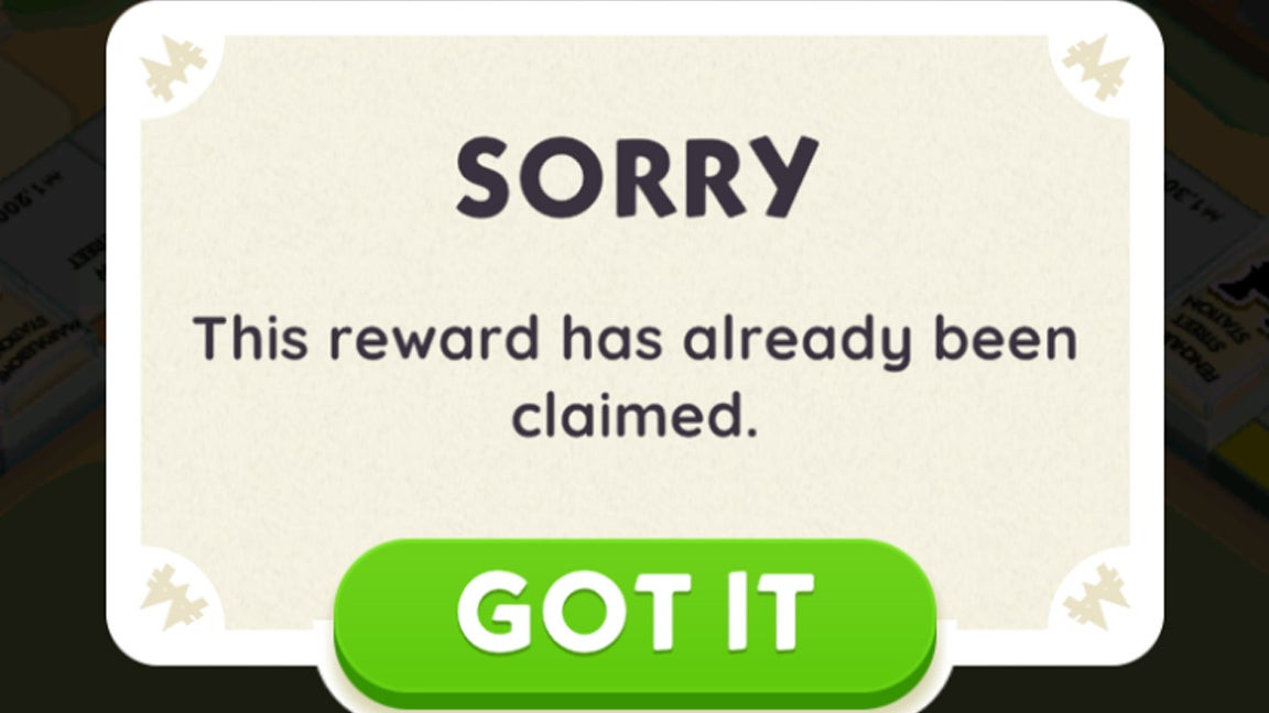 An error message in Monopoly Go stating a reward cannot be claimed.