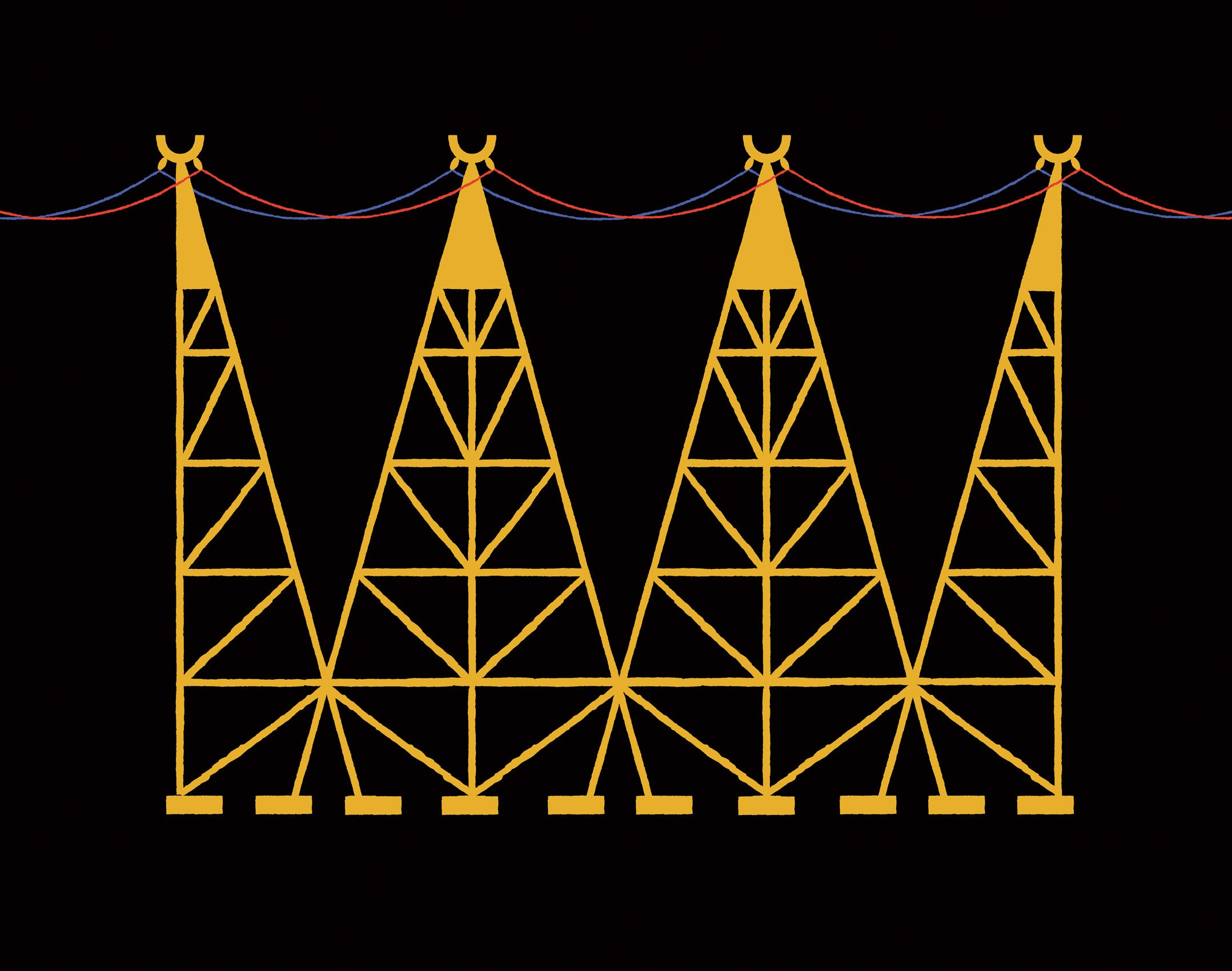 Illustration of poles held together with red and blue wires