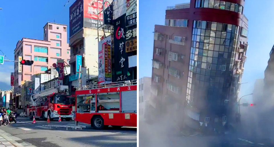 A five-story building in Hualien was heavily damaged, seen here right collapsing after Taiwan