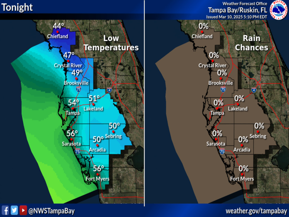 alt text: Tonight's weather forecast for Tampa Bay showing clearing skies and cooler temperatures.